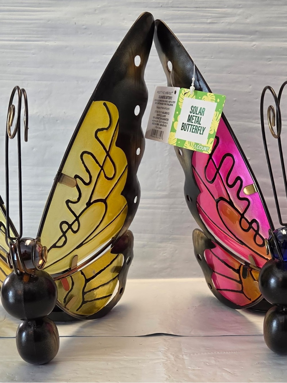 Solar Metal Yellow & Pink Butterfly Yard Decor Garden Lot Of 2
